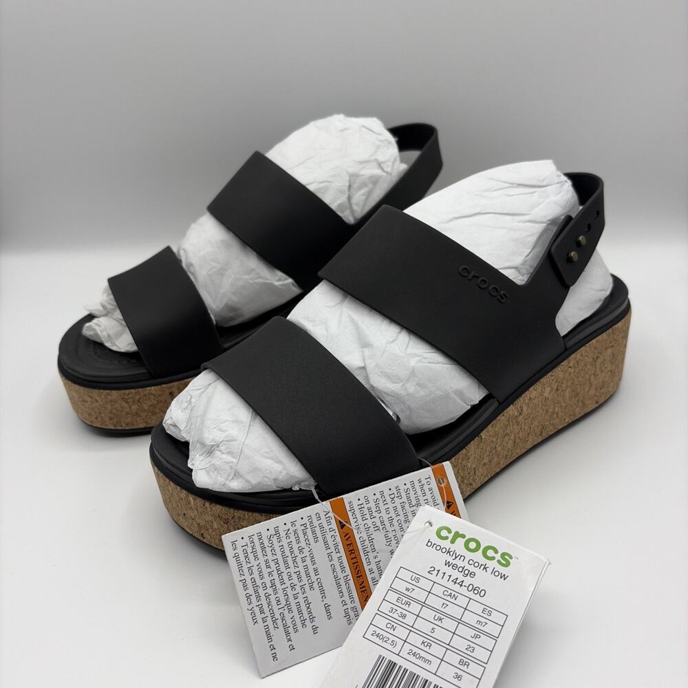 Crocs Brooklyn Cork Low Wedge Platform Sandal Women’s Sz US W 7 Black NWT